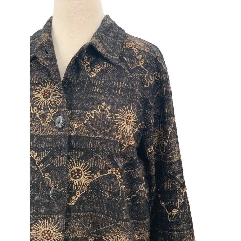 Chico's Design LS Button Front‎ Silk Blend Jacket Black/Tan Beaded Embroidered M